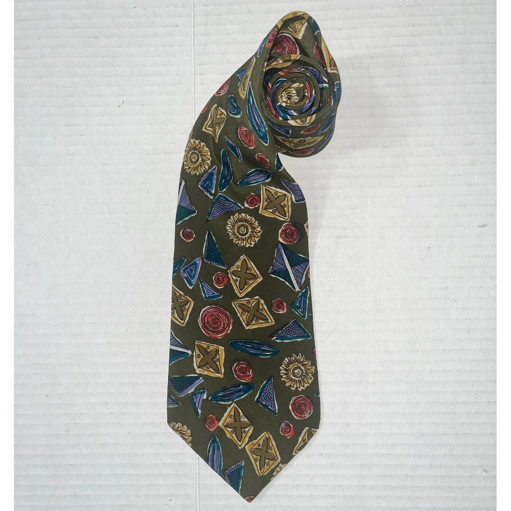John Henry Mens Silk Crepe Tie Olive Green Geometric Abstract Vintage USA Made
